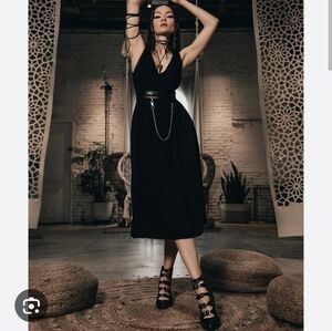 Disturbia Black Gothic Midi Dress with Chain Belt